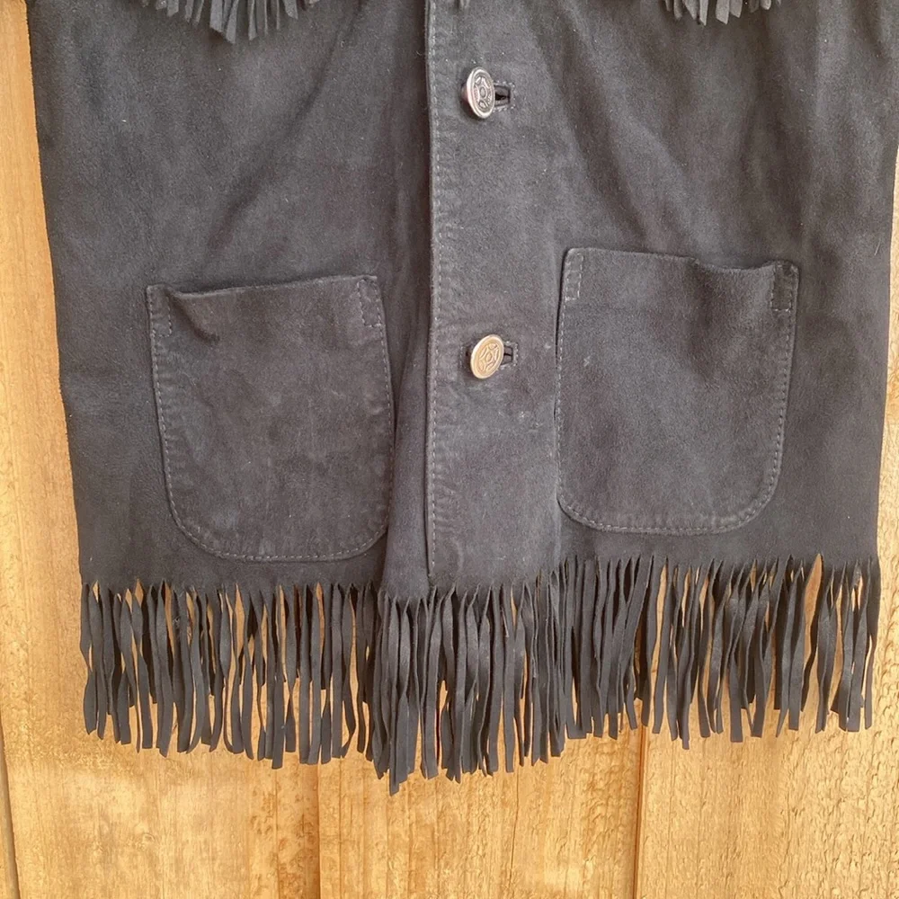Girl Sz 5 Genuine Leather Suede Fringe Jacket Black Flowers by Zoe Rodeo Western